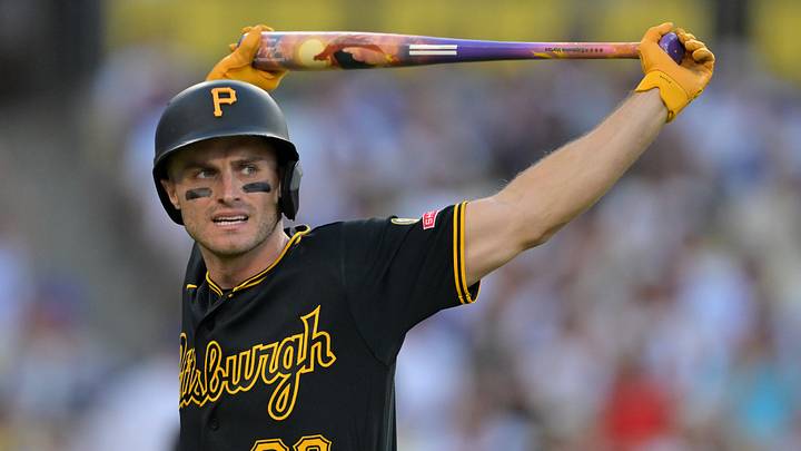 Aug 22, 2026; Los Angeles, California, USA; Pittsburgh Pirates center fielder Jake Mangum (28) walks to the dugout after he was called out on strikes in the eighth inning against the Los Angeles Dodgers at Dodger Stadium. Mandatory Credit: Jayne Kamin-Oncea-Imagn Images
