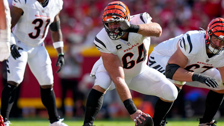 Cincinnati Bengals center Ted Karras (64) calls out the defense in the second quarter of the NFL Week 2 game between the Kansas City Chiefs and the Cincinnati Bengals at Arrowhead Stadium in Kansas City on Sunday, Sept. 15, 2024. The Bengals led 16-10 at halftime.