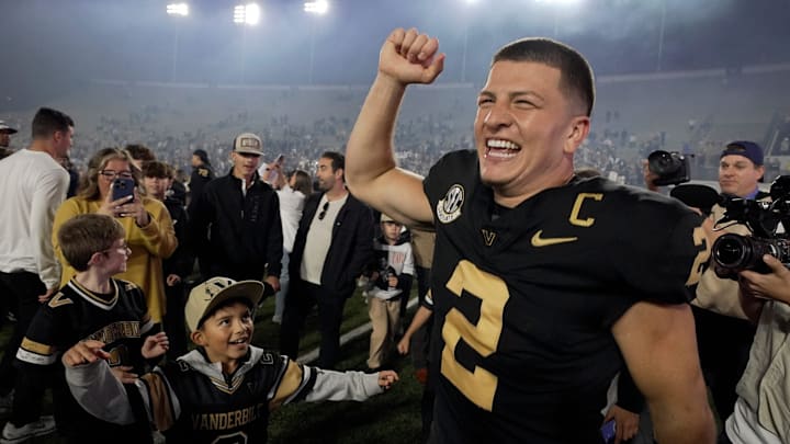 Vanderbilt quarterback Diego Pavia (2) celebrates after the team’s win against Kentucky at FirstBank Stadium in Nashville, Tenn., Saturday, Nov. 22, 2025.