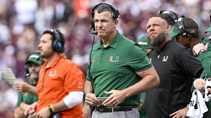 Dec 20, 2025; College Station, TX, USA; Miami Hurricanes head coach Mario Cristobal looks on during the game between the Aggies and the Hurricanes at Kyle Field. Mandatory Credit: Jerome Miron-Imagn Images