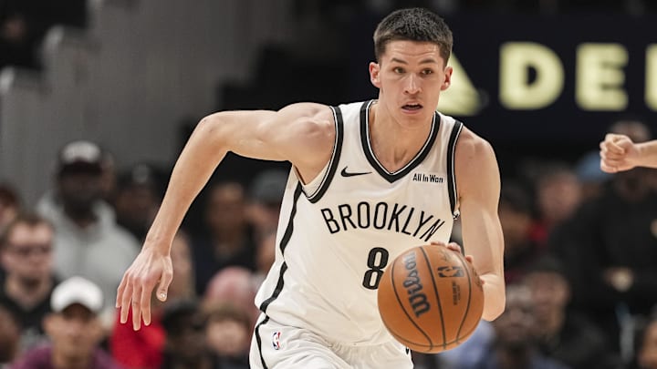 Feb 22, 2026; Atlanta, Georgia, USA; Brooklyn Nets guard Egor Demin (8) dribbles against the Atlanta Hawks during the first half at State Farm Arena. Mandatory Credit: Dale Zanine-Imagn Images