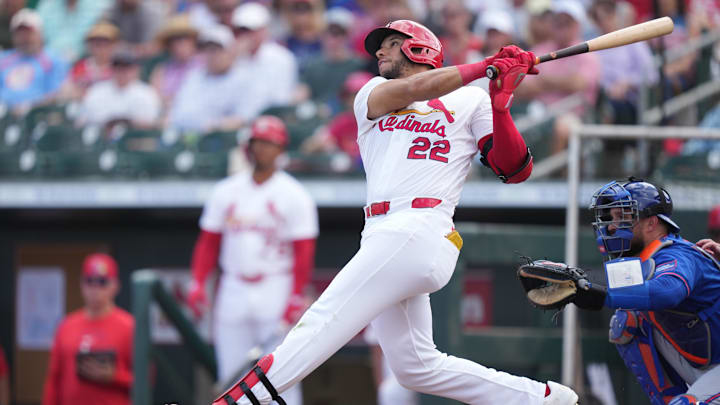 Mar 7, 2026; Jupiter, Florida, USA;  St. Louis Cardinals right fielder Joshua Baez (22) hits a home run in the second inning against the New York Mets at Roger Dean Chevrolet Stadium. Mandatory Credit: Jim Rassol-Imagn Images