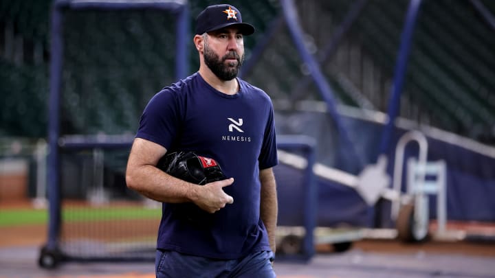 Jul 13, 2024; Houston, Texas, USA; Houston Astros starting pitcher Justin Verlander (35) prior to the game against the Texas Rangers at Minute Maid Park. Jul 13, 2024; Houston, Texas, USA; Houston Astros starting pitcher Justin Verlander (35) prior to the game against the Texas Rangers at Minute Maid Park.