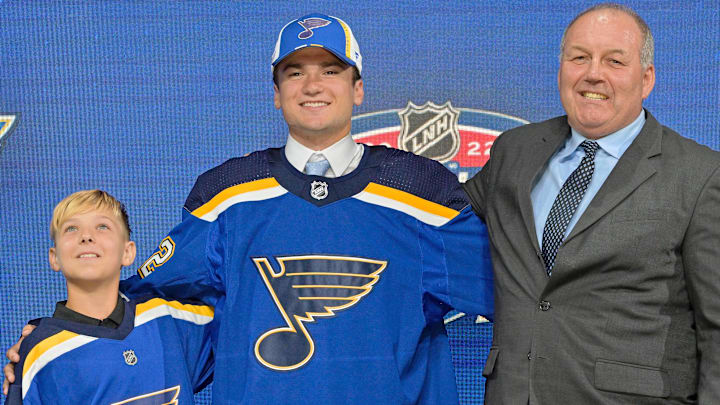 Jul 7, 2022; Montreal, Quebec, CANADA; Jimmy Snuggerud after being selected as the number twenty-three overall pick to the St. Louis Blues in the first round of the 2022 NHL Draft at Bell Centre. Mandatory Credit: Eric Bolte-Imagn Images