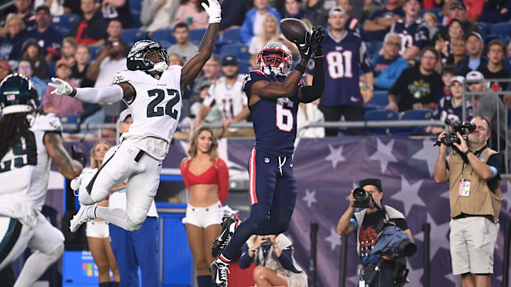 Aug 15, 2024; Foxborough, MA, USA; New England Patriots wide receiver Javon Baker (6) tries to make a catch while being covered by Philadelphia Eagles cornerback Kelee Ringo (22) during the first half at Gillette Stadium. Mandatory Credit: Eric Canha-Imagn Images