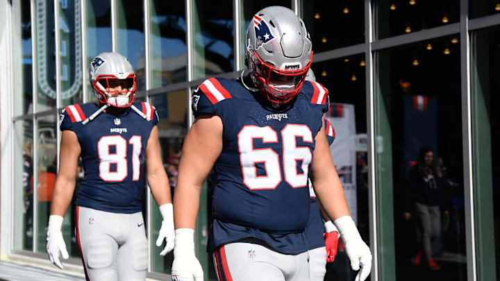 Oct 26, 2025; Foxborough, Massachusetts, USA; New England Patriots offensive tackle Will Campbell (66) walks to the field prior to a game against the Cleveland Browns at Gillette Stadium. Mandatory Credit: Bob DeChiara-Imagn Images