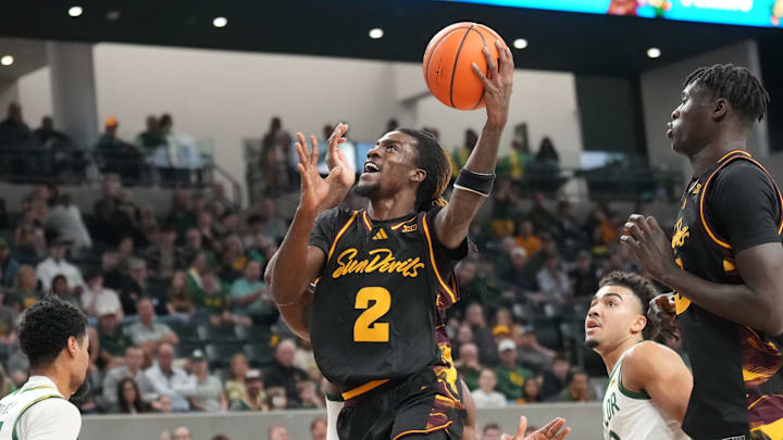 Feb 21, 2026; Waco, Texas, USA; Arizona State Sun Devils guard Anthony Johnson (2) scores a basket against the Baylor Bears during the first half at Paul and Alejandra Foster Pavilion. Mandatory Credit: Chris Jones-Imagn Images