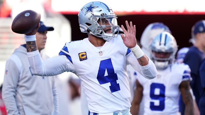 Jan 22, 2023; Santa Clara, California, USA; Dallas Cowboys quarterback Dak Prescott (4) warms up