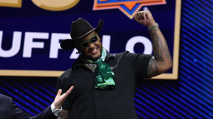 Jun 26, 2026; Buffalo, New York, USA; Buffalo Bills player Dion Dawkins before the first round of the 2026 NHL Draft at KeyBank Center. 