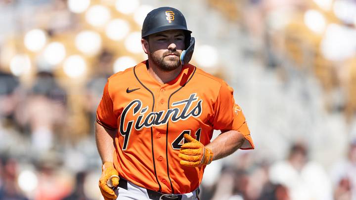 Mar 2, 2026; Phoenix, Arizona, USA; San Francisco Giants designated hitter Buddy Kennedy against the Chicago White Sox during a spring training game at Camelback Ranch-Glendale. Mandatory Credit: Mark J. Rebilas-Imagn Images