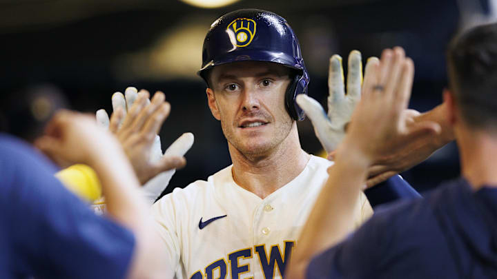 Aug 22, 2023; Milwaukee, Wisconsin, USA;  Milwaukee Brewers designated hitter Mark Canha (21) high