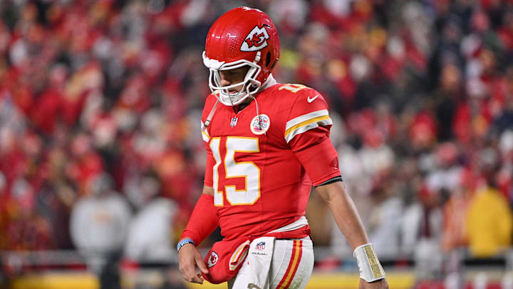 Dec 7, 2025; Kansas City, Missouri, USA; Kansas City Chiefs quarterback Patrick Mahomes (15) is seen during the second quarter against the Houston Texans at GEHA Field at Arrowhead Stadium. Mandatory Credit: Amy Kontras-Imagn Images Dec 7, 2025; Kansas City, Missouri, USA; Kansas City Chiefs quarterback Patrick Mahomes (15) is seen during the second quarter against the Houston Texans at GEHA Field at Arrowhead Stadium. Mandatory Credit: Amy Kontras-Imagn Images
