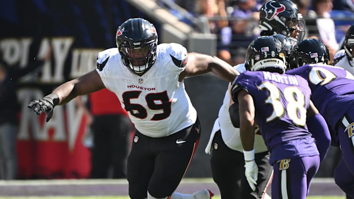 Oct 5, 2025; Baltimore, Maryland, USA; Houston Texans guard Ed Ingram (69) during play against Baltimore Ravens cornerback Keyon Martin (38) during the second quarter at M&T Bank Stadium. Mandatory Credit: Rafael Suanes-Imagn Images