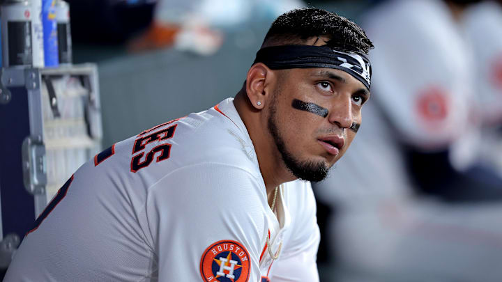 May 28, 2025; Houston, Texas, USA; Houston Astros third baseman Isaac Paredes (15) in the dugout against the Athletics during the fourth inning at Daikin Park. Mandatory Credit: Erik Williams-Imagn Images