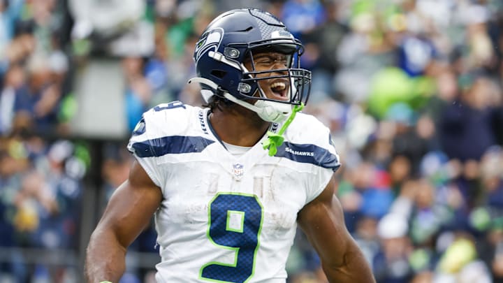 Sep 24, 2023; Seattle, Washington, USA; Seattle Seahawks running back Kenneth Walker III (9) reacts after rushing for a touchdown against the Carolina Panthers during the third quarter at Lumen Field. Mandatory Credit: Joe Nicholson-Imagn Images