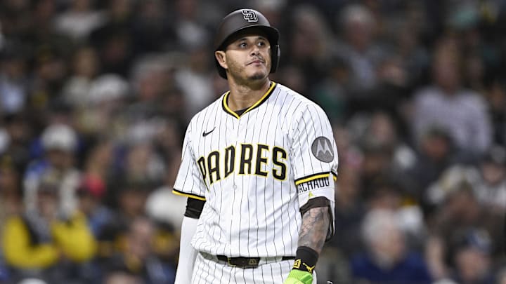 May 16, 2025; San Diego, California, USA; San Diego Padres third baseman Manny Machado (13) walks back to the dugout after striking out during eighth inning against the Seattle Mariners at Petco Park. Mandatory Credit: Denis Poroy-Imagn Images