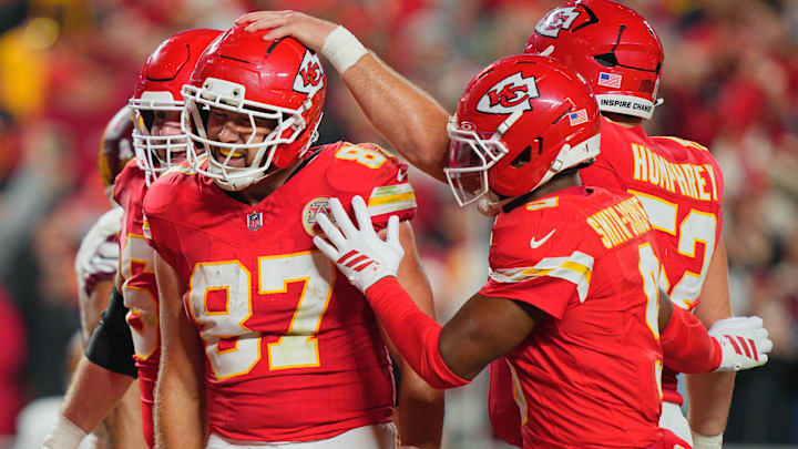 Oct 27, 2025; Kansas City, Missouri, USA; Kansas City Chiefs tight end Travis Kelce (87) celebrates after scoring a touchdown against the Washington Commanders during the third quarter of the game at GEHA Field at Arrowhead Stadium.