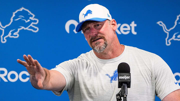 Detroit Lions head coach Dan Campbell speaks at a press conference during training camp at Meijer Performance Center in Allen Park on Sunday, July 20, 2025.