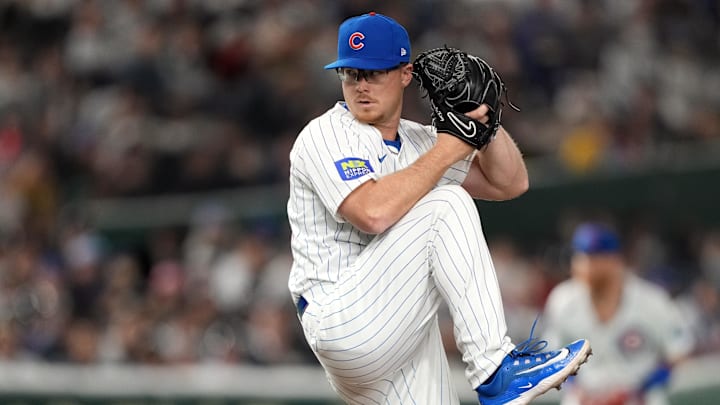 Mar 15, 2025; Bunkyo, Tokyo, Japan; Chicago Cubs pitcher Jordan Wicks (36) throws a pitch against the Hanshin Tigers during the eighth inning at Tokyo Dome. 