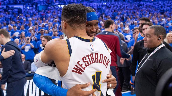 May 18, 2025; Oklahoma City, Oklahoma, USA; Oklahoma City Thunder guard Shai Gilgeous-Alexander (2) and Denver Nuggets guard Russell Westbrook (4) hug after their game seven of the second round for the 2025 NBA Playoffs at Paycom Center. Mandatory Credit: Alonzo Adams-Imagn Images May 18, 2025; Oklahoma City, Oklahoma, USA; Oklahoma City Thunder guard Shai Gilgeous-Alexander (2) and Denver Nuggets guard Russell Westbrook (4) hug after their game seven of the second round for the 2025 NBA Playoffs at Paycom Center. Mandatory Credit: Alonzo Adams-Imagn Images