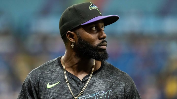 Jun 29, 2024; St. Petersburg, Florida, USA; Tampa Bay Rays outfielder Randy Arozarena (56) looks on against the Washington Nationals during the fourth inning at Tropicana Field Jun 29, 2024; St. Petersburg, Florida, USA; Tampa Bay Rays outfielder Randy Arozarena (56) looks on against the Washington Nationals during the fourth inning at Tropicana Field