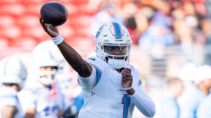 August 13, 2026; Santa Clara, California, USA; Tennessee Titans quarterback Cam Ward (1) warms up before the game against the San Francisco 49ers at Levi's Stadium. Mandatory Credit: Kyle Terada-Imagn Images