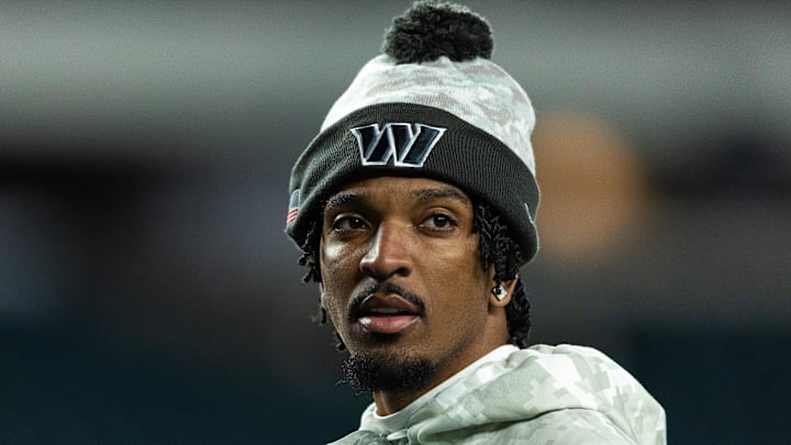  Washington Commanders quarterback Jayden Daniels before action against the Philadelphia Eagles at Lincoln Financial Field. Mandatory Credit: Bill Streicher-Imagn Images