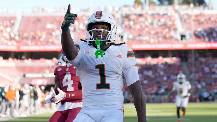 Sep 4, 2026; Stanford, California, USA; Miami Hurricanes wide receiver Malachi Toney (1) reacts after scoring on a touchdown reception against the Stanford Cardinal during the first quarter at Stanford Stadium. Mandatory Credit: Stan Szeto-Imagn Images Sep 4, 2026; Stanford, California, USA; Miami Hurricanes wide receiver Malachi Toney (1) reacts after scoring on a touchdown reception against the Stanford Cardinal during the first quarter at Stanford Stadium. Mandatory Credit: Stan Szeto-Imagn Images