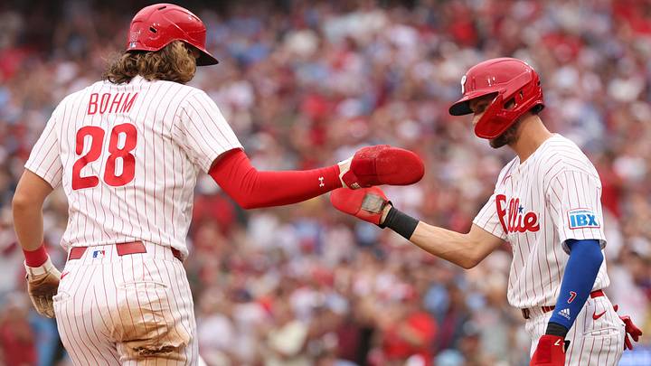 Aug 22, 2026; Philadelphia, Pennsylvania, USA; Philadelphia Phillies third baseman Alec Bohm (28) reacts with shortstop Trea Turner (7) after scoring against the St. Louis Cardinals during the first inning at Citizens Bank Park. Mandatory Credit: Bill Streicher-Imagn Images