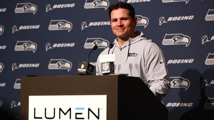 Seattle Seahawks head coach Mike MacDonald speaks in a press conference after defeating the Los Angeles Rams. Seattle Seahawks head coach Mike MacDonald speaks in a press conference after defeating the Los Angeles Rams.