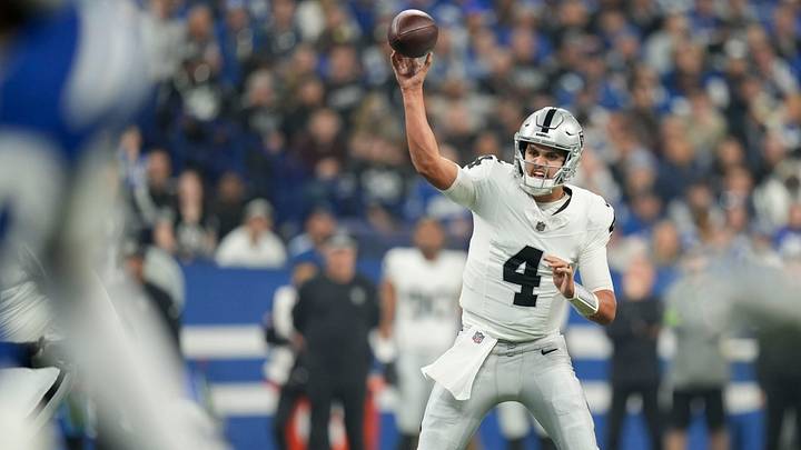 Las Vegas Raiders quarterback Aidan O'Connell (4) passes the ball Sunday, Dec. 31, 2023, during a game against the Las Vegas Raiders at Lucas Oil Stadium in Indianapolis. Las Vegas Raiders quarterback Aidan O'Connell (4) passes the ball Sunday, Dec. 31, 2023, during a game against the Las Vegas Raiders at Lucas Oil Stadium in Indianapolis.
