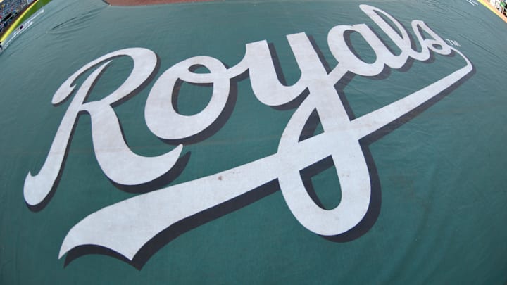 Jun 20, 2017; Kansas City, MO, USA; A general view of the home plate tarp logo during the Boston Red Sox batting practice before the game against the Kansas City Royals at Kauffman Stadium. Mandatory Credit: Denny Medley-Imagn Images
