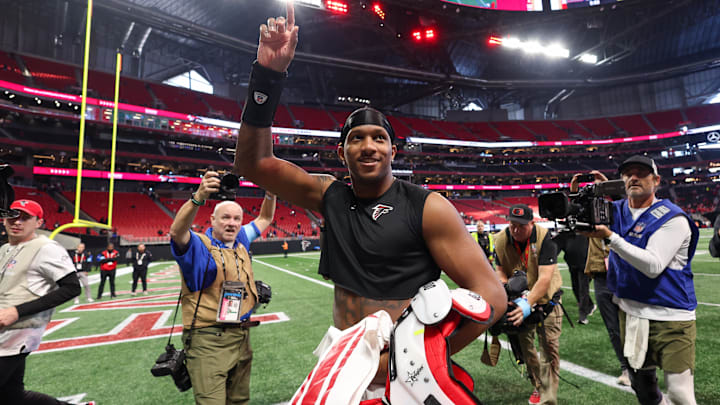 Atlanta Falcons quarterback Michael Penix Jr. celebrates after a victory over the New York Giants.