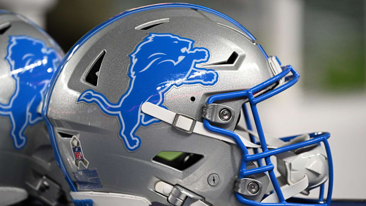 Nov 16, 2025; Philadelphia, Pennsylvania, USA;  A Detroit Lions helmet on the sidelines against the Philadelphia Eagles at Lincoln Financial Field. Mandatory Credit: Eric Hartline-Imagn Images