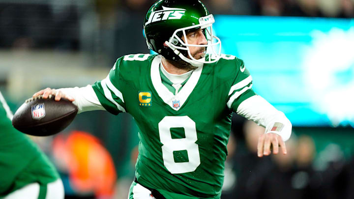 New York Jets quarterback Aaron Rodgers (8) may have played his last game for Gang Green, Sunday January 5, 2025, in East Rutherford. New York Jets quarterback Aaron Rodgers (8) may have played his last game for Gang Green, Sunday January 5, 2025, in East Rutherford.