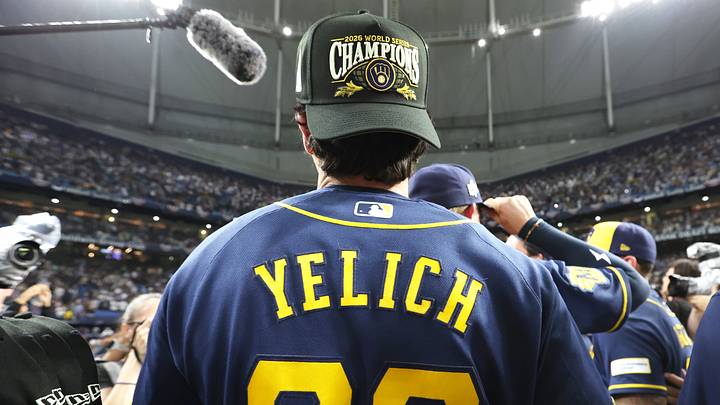 Oct 28, 2026; St. Petersburg, Florida, USA; Milwaukee Brewers designated hitter Christian Yelich (22) celebrates after they beat the Tampa Bay Rays to be World Series Champions in game five of the 2026 World Series at Tropicana Field. Milwaukee Brewers defeated the Tampa Bay Rays 4-1 to win a World Series. Mandatory Credit: Kim Klement Neitzel-Imagn Images Oct 28, 2026; St. Petersburg, Florida, USA; Milwaukee Brewers designated hitter Christian Yelich (22) celebrates after they beat the Tampa Bay Rays to be World Series Champions in game five of the 2026 World Series at Tropicana Field. Milwaukee Brewers defeated the Tampa Bay Rays 4-1 to win a World Series. Mandatory Credit: Kim Klement Neitzel-Imagn Images