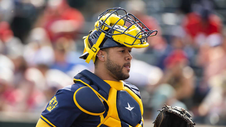 Feb 27, 2024; Tempe, Arizona, USA; Milwaukee Brewers catcher Jeferson Quero against the Los Angeles Angels during a spring training game at Tempe Diablo Stadium. Mandatory Credit: Mark J. Rebilas-USA TODAY Sports