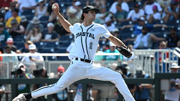 Jun 13, 2025; Omaha, Neb, USA; Coastal Carolina Chanticleers pitcher Cameron Flukey (2) throws against the Arizona Wildcats during the ninth inning at Charles Schwab Field. Mandatory Credit: Steven Branscombe-Imagn Images Jun 13, 2025; Omaha, Neb, USA; Coastal Carolina Chanticleers pitcher Cameron Flukey (2) throws against the Arizona Wildcats during the ninth inning at Charles Schwab Field. Mandatory Credit: Steven Branscombe-Imagn Images