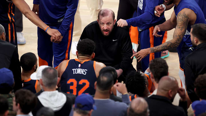 Apr 21, 2025; New York, New York, USA; New York Knicks head coach Tom Thibodeau speaks to his team on the bench during a time out during the fourth quarter of game two of the first round of the 2024 NBA Playoffs against the Detroit Pistons at Madison Square Garden. Mandatory Credit: Brad Penner-Imagn Images Apr 21, 2025; New York, New York, USA; New York Knicks head coach Tom Thibodeau speaks to his team on the bench during a time out during the fourth quarter of game two of the first round of the 2024 NBA Playoffs against the Detroit Pistons at Madison Square Garden. Mandatory Credit: Brad Penner-Imagn Images
