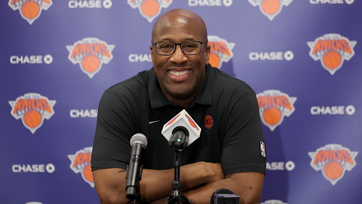 Sep 23, 2025; New York, NY, USA; New York Knicks head coach Mike Brown speaks to the media during a media day press conference at the Madison Square Garden training center. Mandatory Credit: Brad Penner-Imagn Images