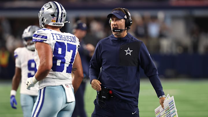 Dallas Cowboys head coach Brian Schottenheimer and tight end Jake Ferguson. Dallas Cowboys head coach Brian Schottenheimer and tight end Jake Ferguson.