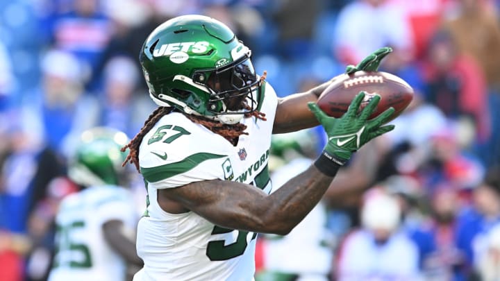 Nov 19, 2023; Orchard Park, New York, USA;New York Jets linebacker C.J. Mosley (57)  warms up before a game against the Buffalo Bills at Highmark Stadium.