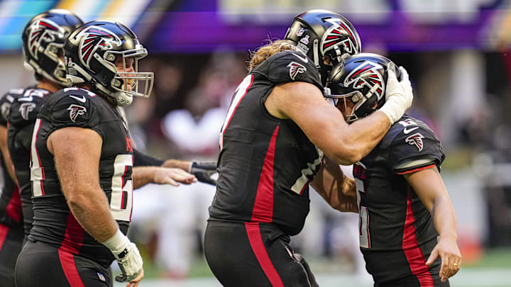 Oct 8, 2023; Atlanta, Georgia, USA; Atlanta Falcons place kicker Younghoe Koo (6) reacts with