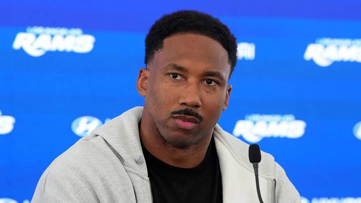Los Angeles Rams defensive end Myles Garrett at a press conference at the Rams Practice Facility. Los Angeles Rams defensive end Myles Garrett at a press conference at the Rams Practice Facility.