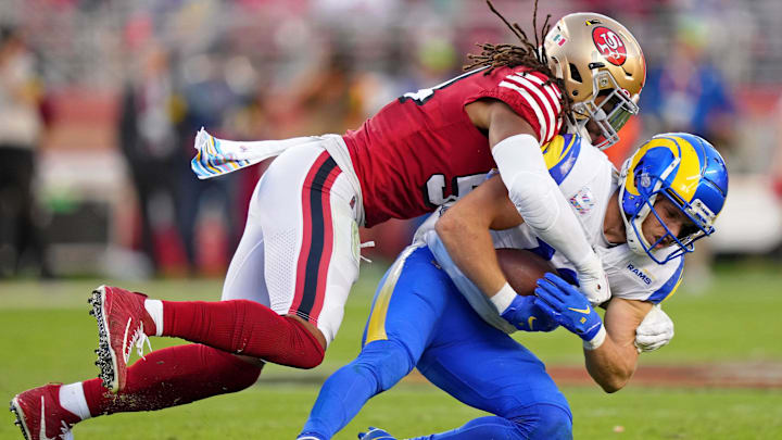 Oct 3, 2022; Santa Clara, California, USA; San Francisco 49ers linebacker Fred Warner (54) tackles Los Angeles Rams wide receiver Cooper Kupp (10) during the second quarter at Levi's Stadium. Mandatory Credit: Kyle Terada-Imagn Images Oct 3, 2022; Santa Clara, California, USA; San Francisco 49ers linebacker Fred Warner (54) tackles Los Angeles Rams wide receiver Cooper Kupp (10) during the second quarter at Levi's Stadium. Mandatory Credit: Kyle Terada-Imagn Images