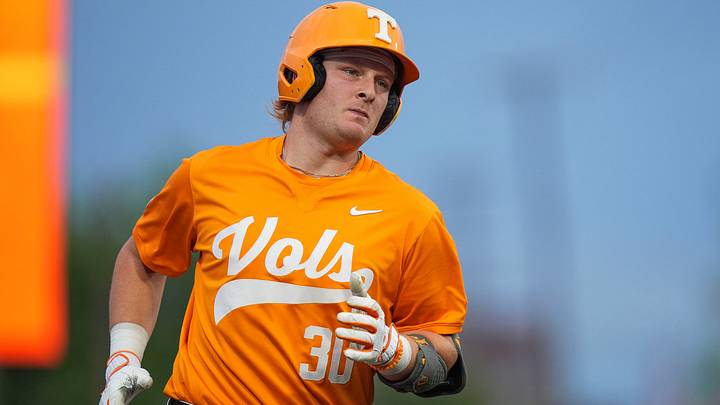 Tennessee catcher Trent Grindlinger (30) runs the bases after hitting a solo home run during a NCAA baseball game between Tennessee and Ole Miss at Lindsey Nelson Stadium on April 18, 2026.