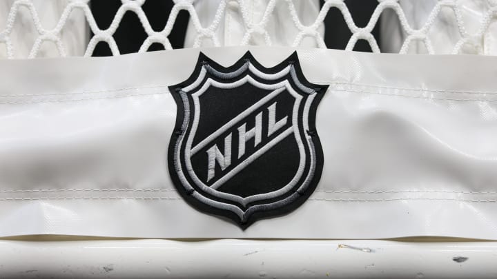 Oct 20, 2022; Columbus, Ohio, USA;  The NHL logo is seen on the netting of a goal prior to the game between the Nashville Predators and the Columbus Blue Jackets at Nationwide Arena. Mandatory Credit: Aaron Doster-USA TODAY Sports
