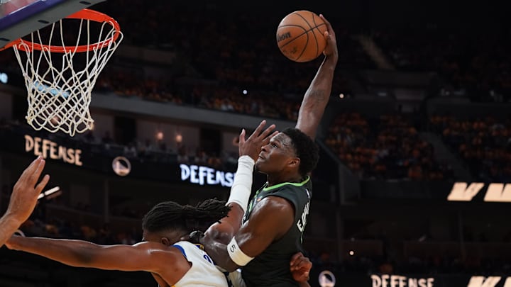 May 10, 2025; San Francisco, California, USA; Minnesota Timberwolves guard Anthony Edwards (5) dunks over Golden State Warriors forward Kevon Looney (5) in the third quarter during game three in the second round for the 2025 NBA Playoffs at Chase Center. Mandatory Credit: David Gonzales-Imagn Images May 10, 2025; San Francisco, California, USA; Minnesota Timberwolves guard Anthony Edwards (5) dunks over Golden State Warriors forward Kevon Looney (5) in the third quarter during game three in the second round for the 2025 NBA Playoffs at Chase Center. Mandatory Credit: David Gonzales-Imagn Images
