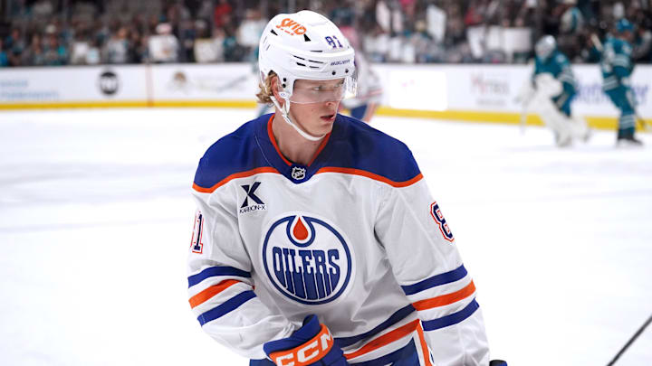 Apr 8, 2026; San Jose, California, USA;  Edmonton Oilers center Joshua Samanski (81) warms up before the game against the San Jose Sharks at SAP Center at San Jose. Mandatory Credit: David Gonzales-Imagn Images