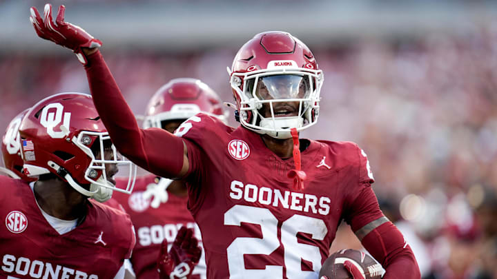Oklahoma defensive back Kani Walker (26) celebrates after intercepting a pass in the first half of an NCAA football game between Oklahoma (OU) and Temple at the Gaylord Family Oklahoma Memorial Stadium in Norman, Okla., on Friday, Aug. 30, 2024. Oklahoma defensive back Kani Walker (26) celebrates after intercepting a pass in the first half of an NCAA football game between Oklahoma (OU) and Temple at the Gaylord Family Oklahoma Memorial Stadium in Norman, Okla., on Friday, Aug. 30, 2024.